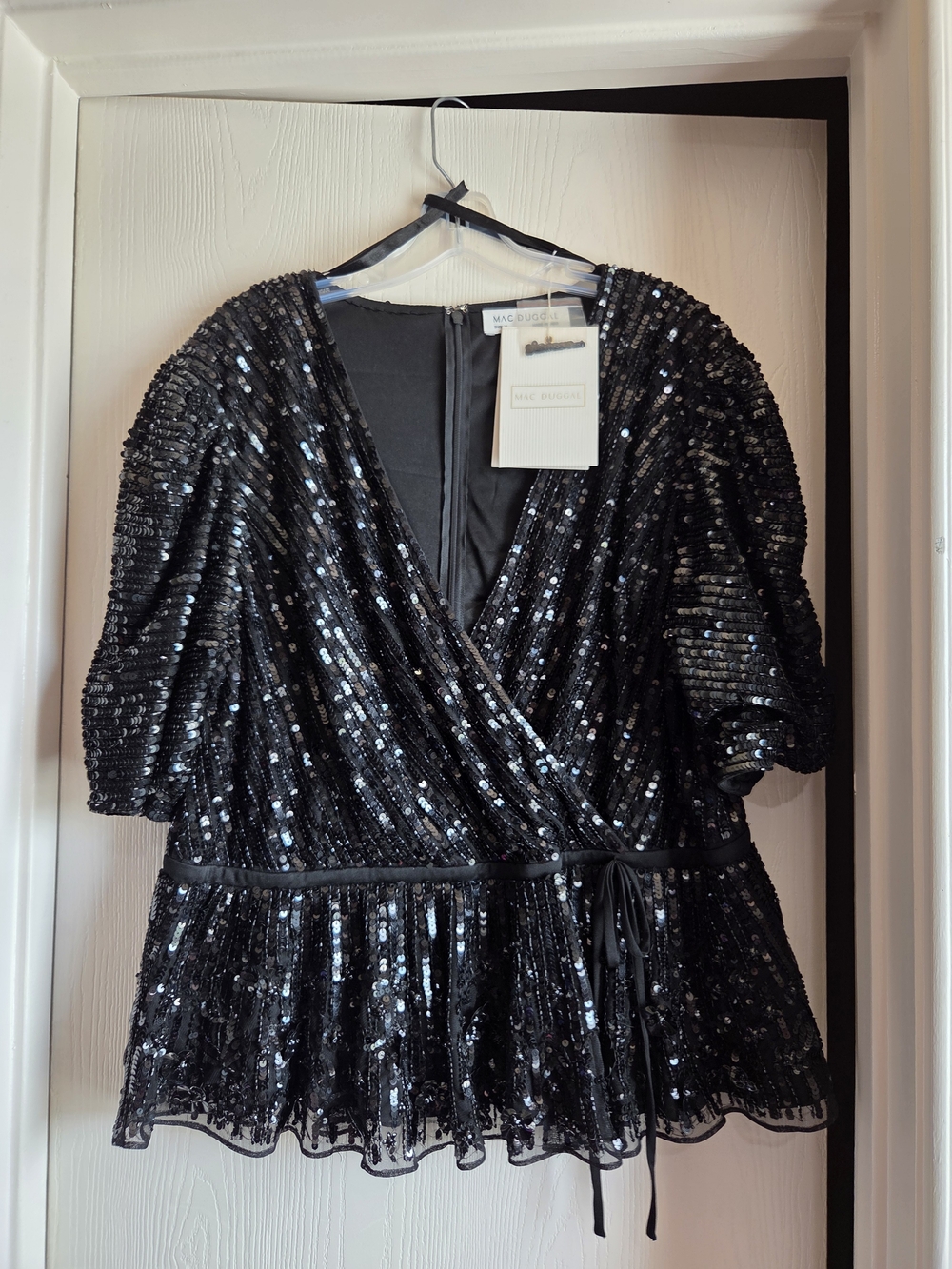 MAC DUGGAL Black Sequin Wrap-Front Evening Blouse